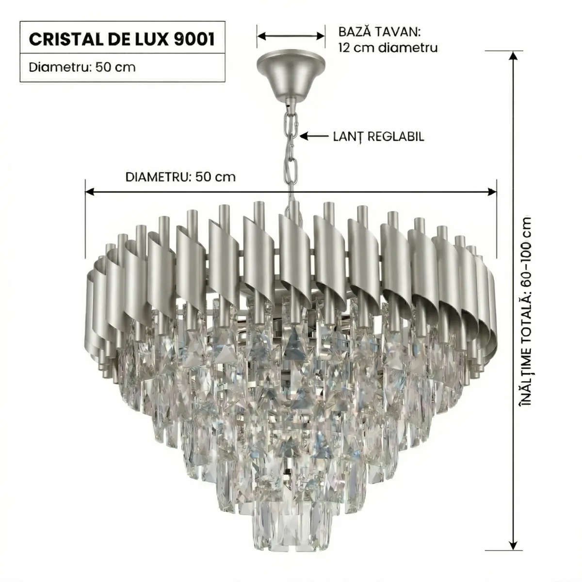 Candelabru Luxury Cristal Chrome 50 cm – Cristal K9 Premium și Metal Argintiu Cromat, 7 Surse E14, Design Modern pentru Living și Dormitor Matrimonial - imagine 9
