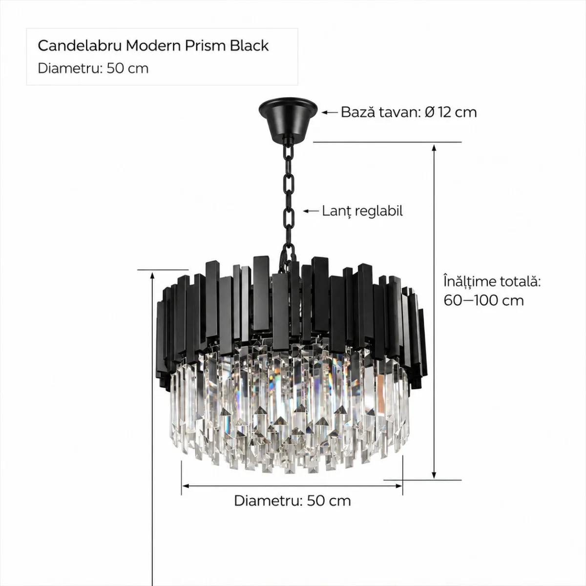 Candelabru Modern Prism Black 50 cm – Cristal K9 Premium Transparent și Metal Negru, 8 Becuri E27, Design Modern de Lux pentru Living și Dining - imagine 7
