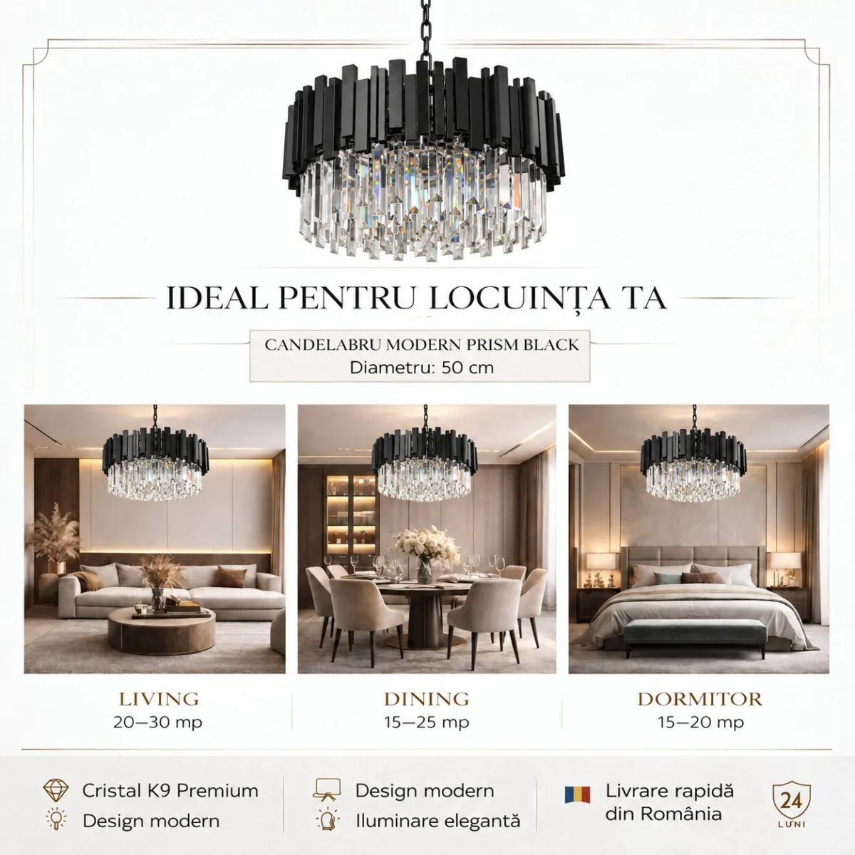Candelabru Modern Prism Black 50 cm – Cristal K9 Premium Transparent și Metal Negru, 8 Becuri E27, Design Modern de Lux pentru Living și Dining - imagine 4