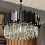 Candelabru Modern Prism Black 50 cm – Cristal K9 Premium Transparent și Metal Negru, 8 Becuri E27, Design Modern de Lux pentru Living și Dining