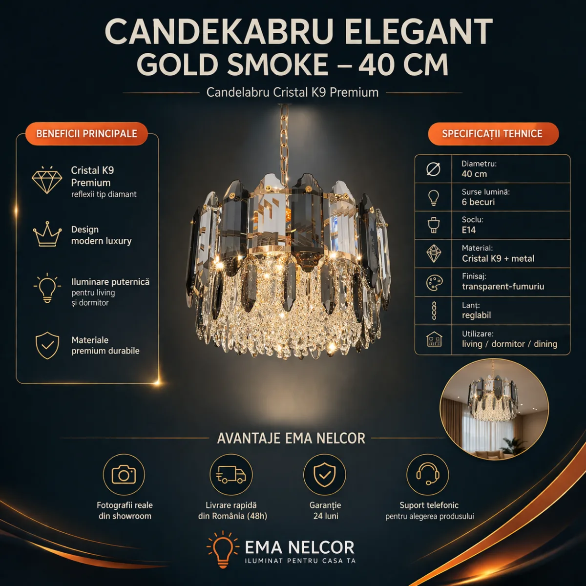 Candelabru Elegant Gold Smoke 40 cm – Cristal K9 Premium Fumuriu și Transparent, 6 Becuri E14, Design Modern de Lux pentru Living, Dining și Dormitor Master - imagine 11