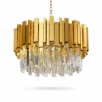 Candelabru Modern Prism Gold 40 cm – Cristal K9 Premium Transparent și Metal Auriu, 5 Becuri E14, Design Exclusiv pentru Dormitor, Hol și Living