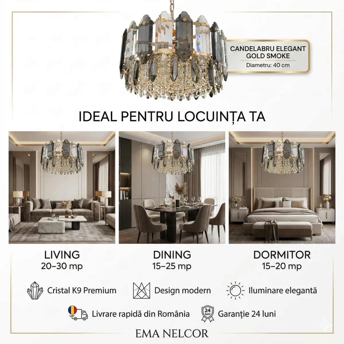 Candelabru Elegant Gold Smoke 40 cm – Cristal K9 Premium Fumuriu și Transparent, 6 Becuri E14, Design Modern de Lux pentru Living, Dining și Dormitor Master - imagine 6