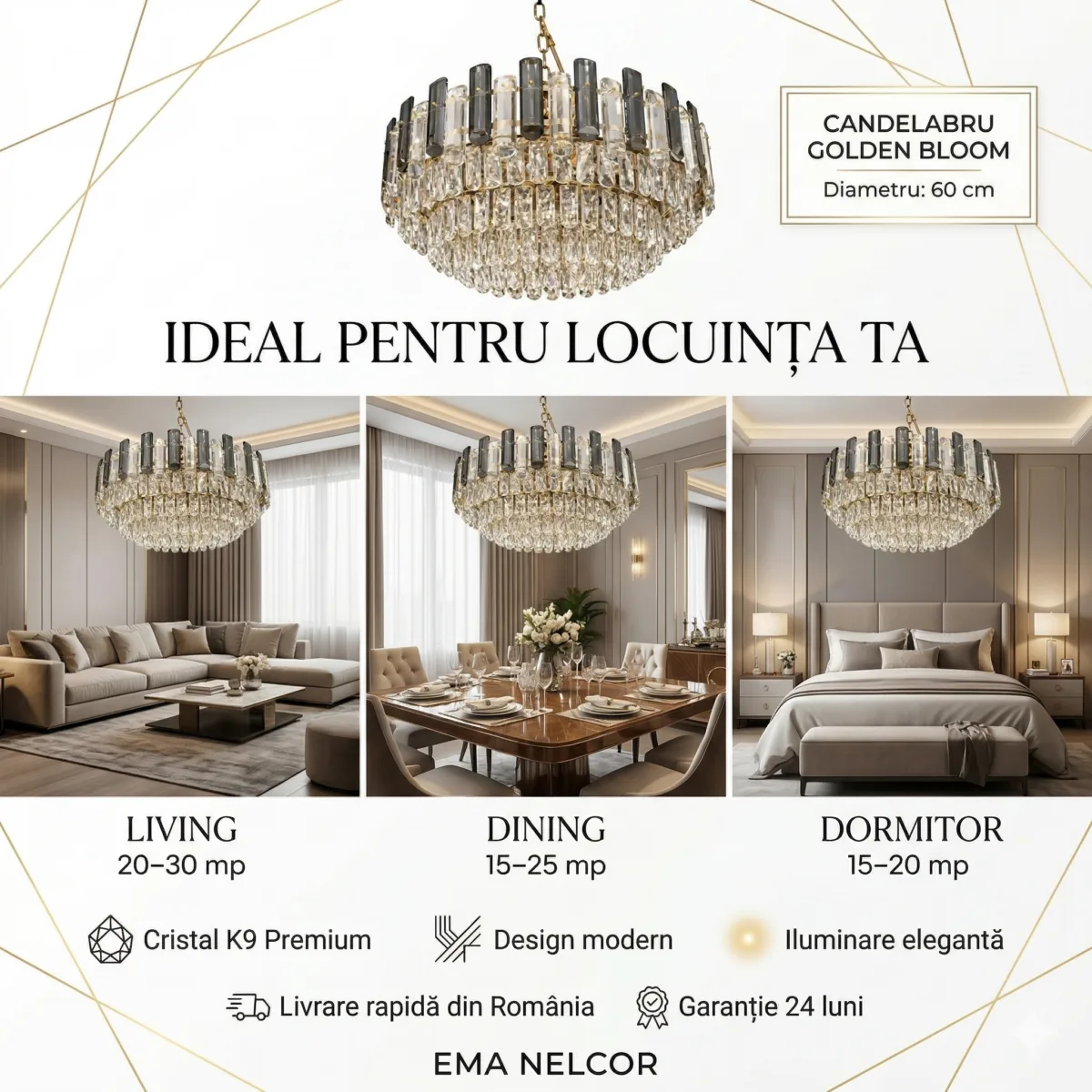 Candelabru Golden Bloom 60 cm – Cristal K9 Premium Transparent și Fumuriu, 10 Becuri E14, Design Modern de Lux pentru Living și Dining - imagine 6