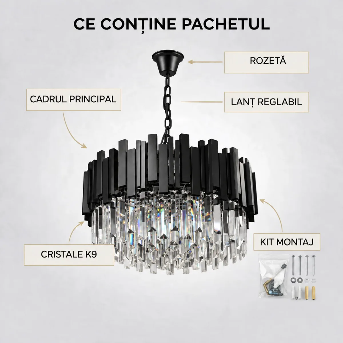 Candelabru Modern Prism Black 50 cm – Cristal K9 Premium Transparent și Metal Negru, 8 Becuri E27, Design Modern de Lux pentru Living și Dining - imagine 6