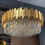 Candelabru Modern Prism Gold 60 cm – Cristal K9 Premium, 10 Surse, Finisaj Auriu Mat Texturat