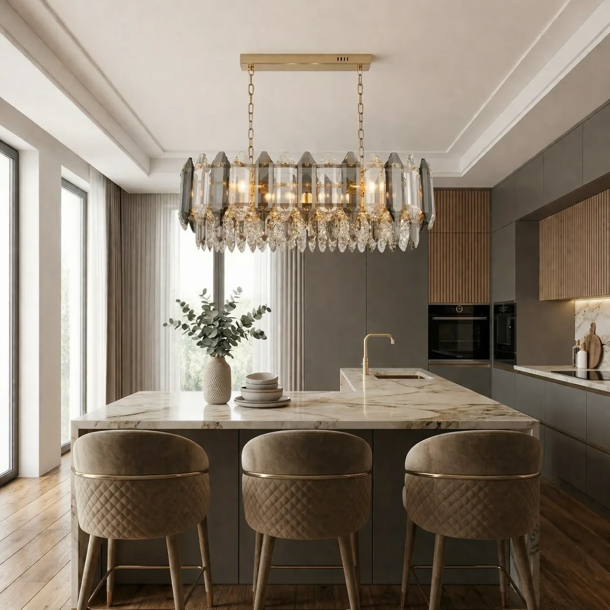 Candelabru Elegant Gold Smoke – Grand Edition, 80 cm Lungime, Cristal K9 Premium Fumuriu și Transparent, 12 Surse E14, Design Liniar de Lux pentru Dining și Living-uri Grandioase - imagine 3