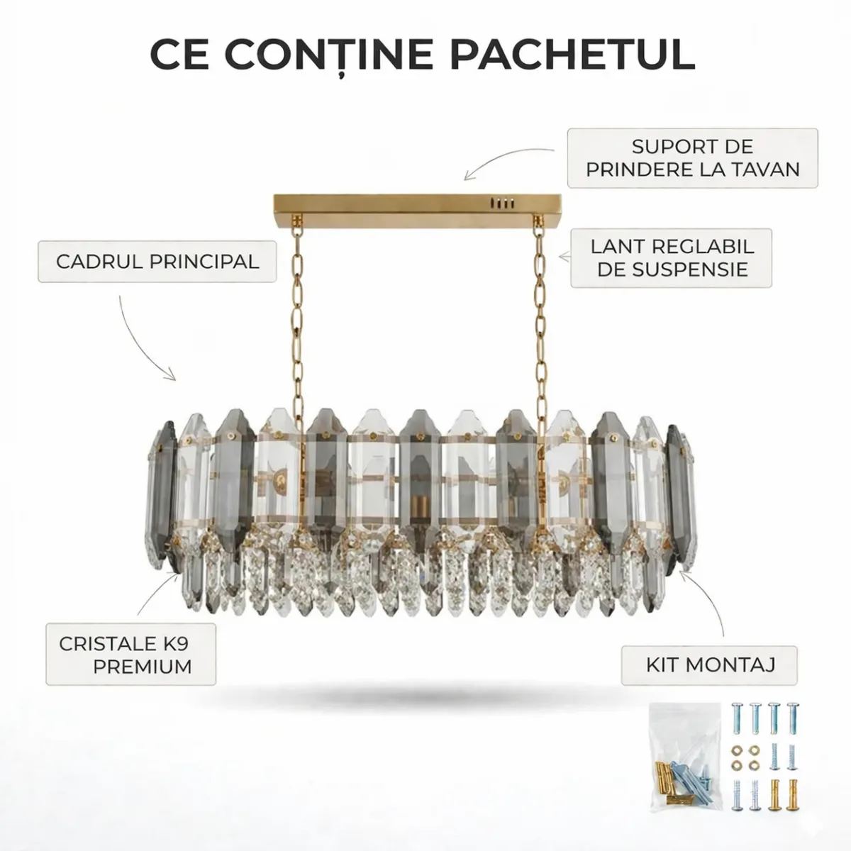 Candelabru Elegant Gold Smoke – Grand Edition, 80 cm Lungime, Cristal K9 Premium Fumuriu și Transparent, 12 Surse E14, Design Liniar de Lux pentru Dining și Living-uri Grandioase - imagine 8