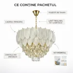Candelabru Feather Lux White 45 cm – Design Organic cu Petale din Sticlă Mată și Cristal K9, 6 Becuri E14, Eleganță Boemă pentru Dormitor și Living - imagine 7