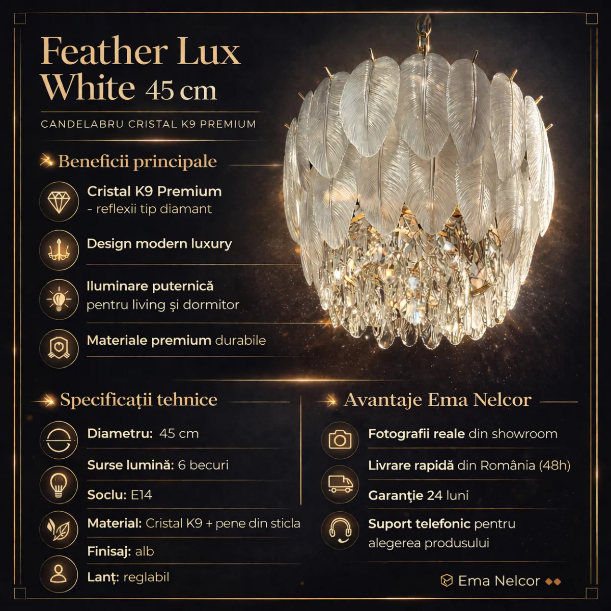 Candelabru Feather Lux White 45 cm – Design Organic cu Petale din Sticlă Mată și Cristal K9, 6 Becuri E14, Eleganță Boemă pentru Dormitor și Living - imagine 9