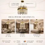 Candelabru Golden Rain 40 cm – Design Art Deco cu Tije din Sticlă Cristalizată, Tehnologie LED și Finisaj Auriu Satinat, Ideal pentru Ambientări Moderne și Sofisticate - imagine 5