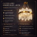 Candelabru Golden Rain 40 cm – Design Art Deco cu Tije din Sticlă Cristalizată, Tehnologie LED și Finisaj Auriu Satinat, Ideal pentru Ambientări Moderne și Sofisticate - imagine 9