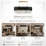 Candelabru Modern Prism Black – Grand Edition, 81 cm – Cristal K9 Premium Transparent și Metal Negru Mat, 8 Becuri E14, Design Liniar Exclusiv pentru Dining și Insulă Bucătărie - imagine 6