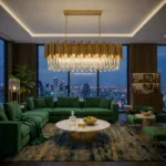 Candelabru Modern Prism Gold – Grand Edition, 81 cm – Cristal K9 Premium Transparent și Metal Auriu, 8 Becuri E14, Design Liniar Exclusiv pentru Dining și Insulă Bucătărie - imagine 3