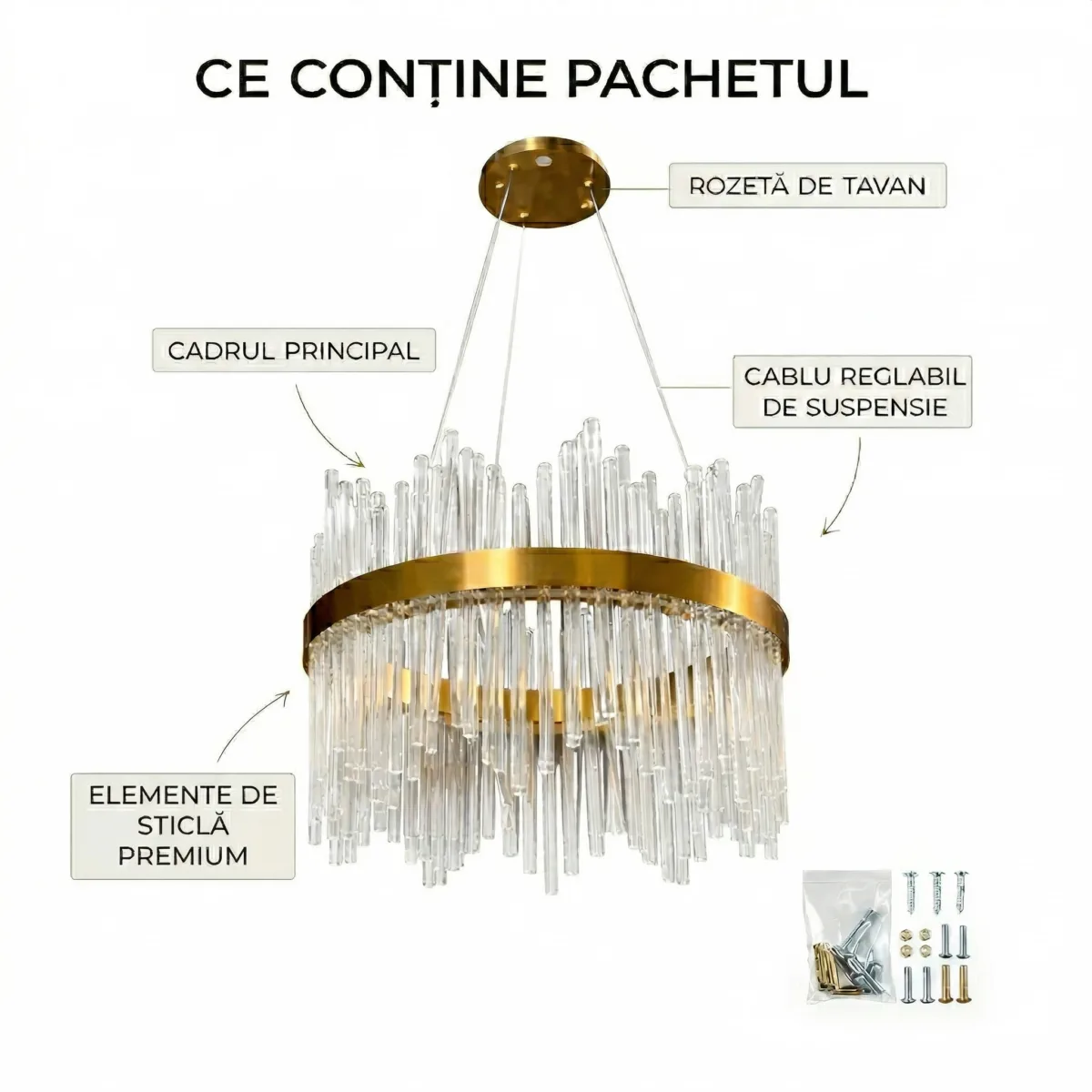 Candelabru Golden Rain 40 cm – Design Art Deco cu Tije din Sticlă Cristalizată, Tehnologie LED și Finisaj Auriu Satinat, Ideal pentru Ambientări Moderne și Sofisticate - imagine 7