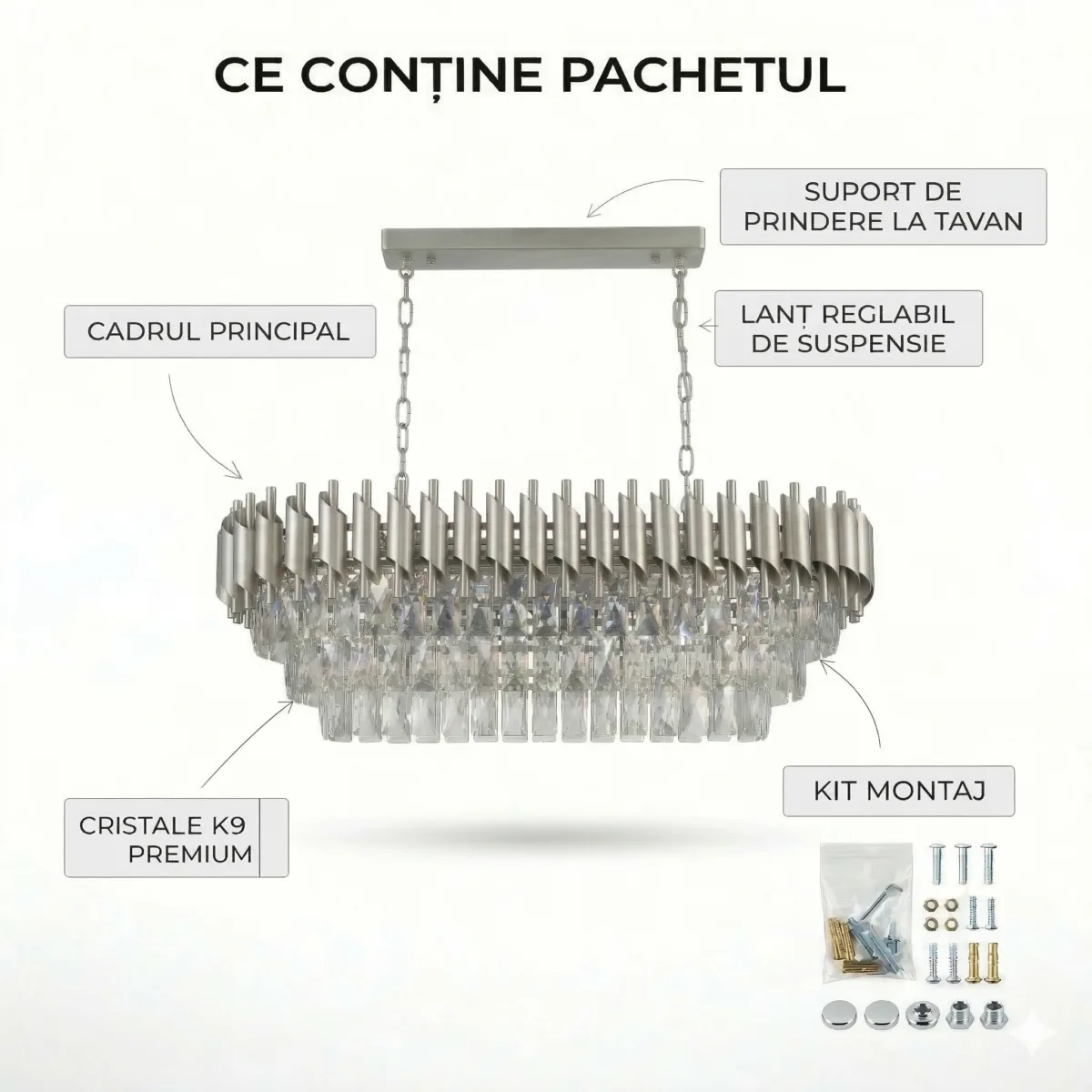 Candelabru Luxury Cristal Chrome - Grand Edition 80 cm – Cristal K9 Premium și Metal Argintiu Cromat, 8 Surse E14, Design Modern pentru Dining și Living Luminos - imagine 9