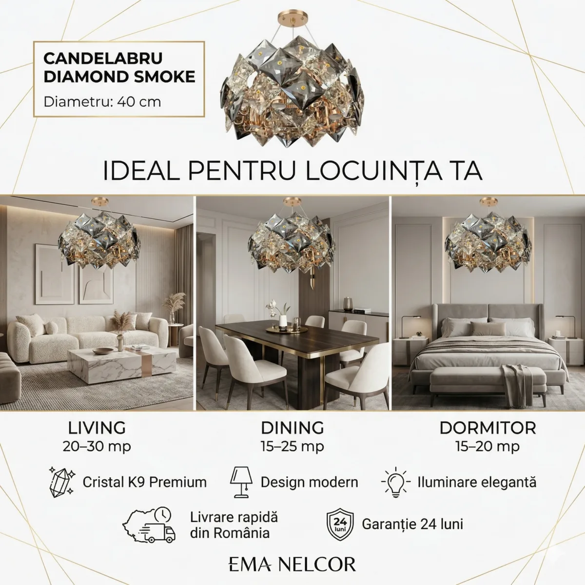 Candelabru Diamond Smoke 40 cm – Cristale K9 Fațetate în Nuanțe de Fum și Clar, 4 Surse E14, Design Modern de Lux pentru Living sau Dormitor Master - imagine 6