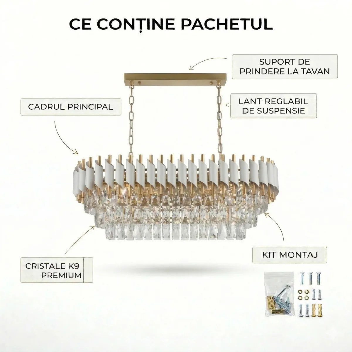 Candelabru Luxury Cristal White - Grand Edition 80 cm – Cristal K9 Premium și Metal Alb, 8 Surse E14, Design Modern pentru Dining și Living Luminos - imagine 8