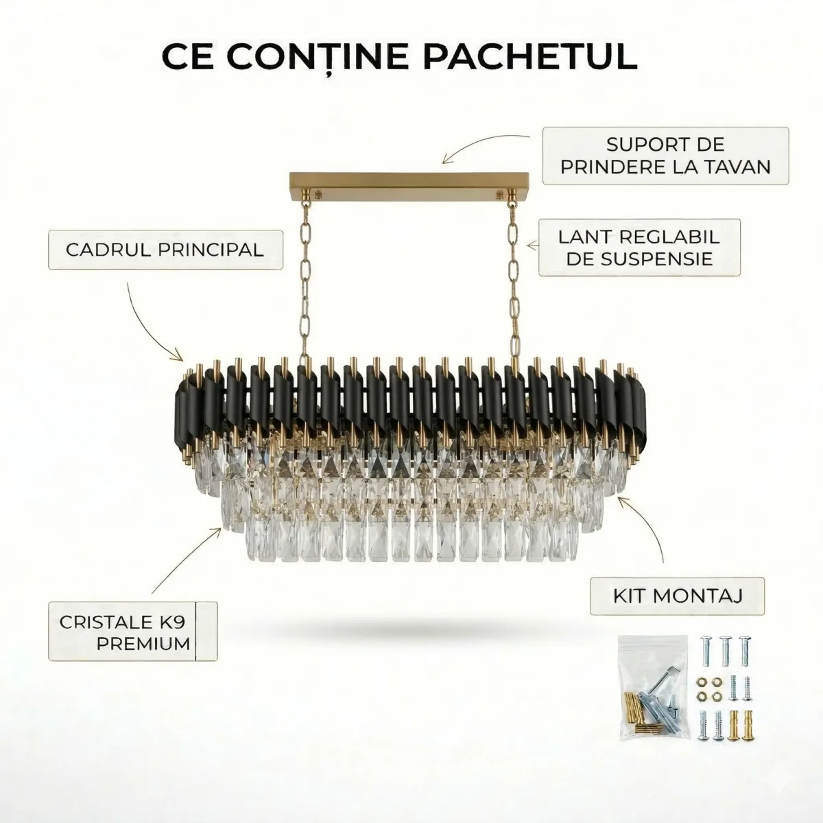 Candelabru Luxury Cristal Black - Grand Edition 80 cm – Cristal K9 Premium și Metal Negru, 8 Surse E14, Design Modern pentru Dining și Insulă Bucătărie - imagine 9