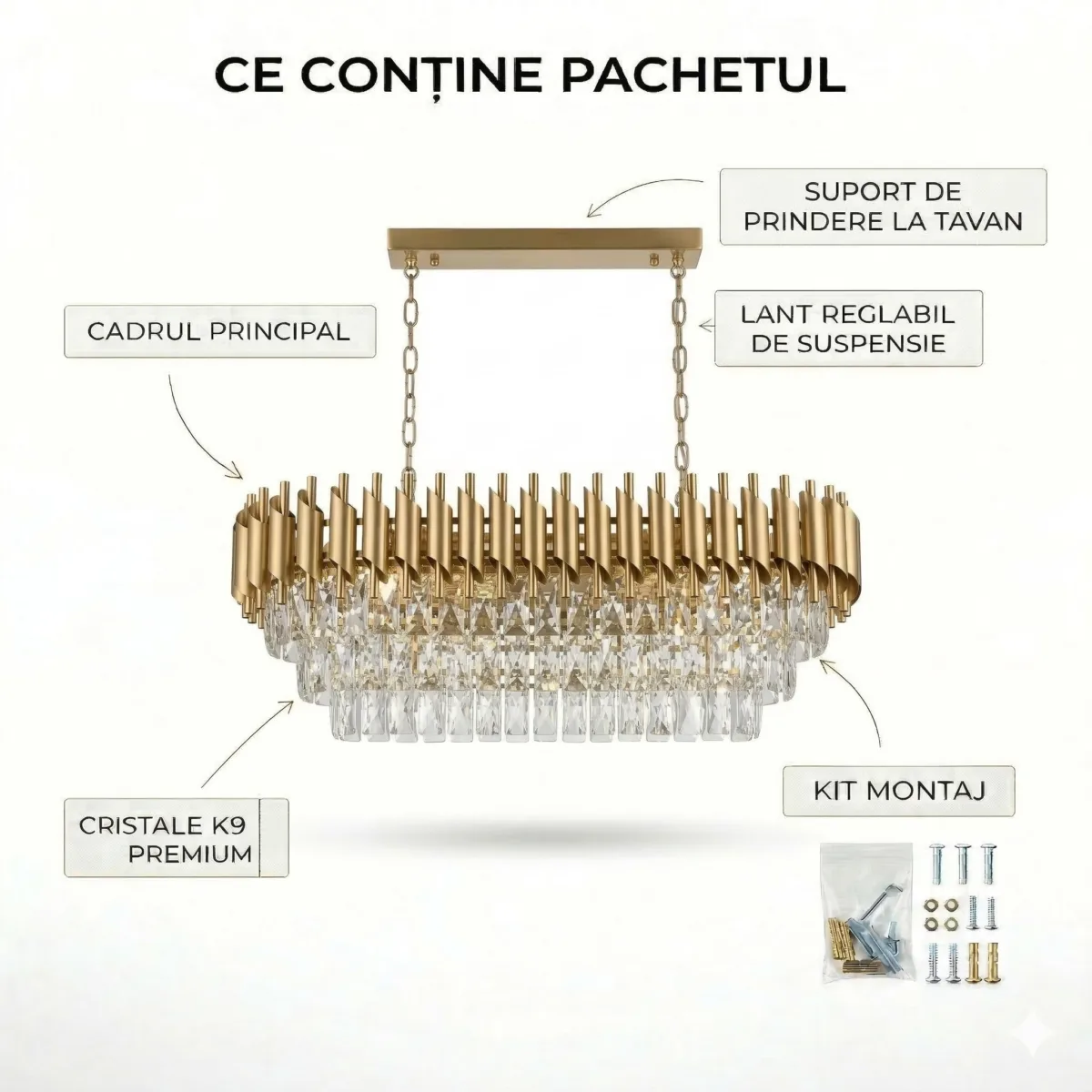 Candelabru Luxury Cristal Gold - Grand Edition 80 cm – Cristal K9 Premium și Metal Auriu, 8 Becuri E14, Design Modern pentru Dining și Living - imagine 8