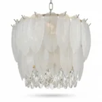 Candelabru Feather Lux White 45 cm – Design Organic cu Petale din Sticlă Mată și Cristal K9, 6 Becuri E14, Eleganță Boemă pentru Dormitor și Living