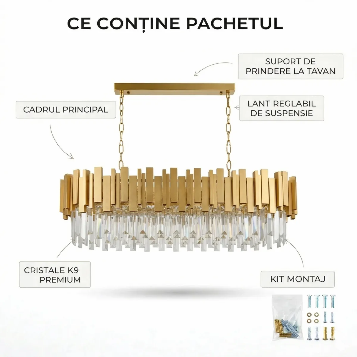 Candelabru Modern Prism Gold – Grand Edition, 81 cm – Cristal K9 Premium Transparent și Metal Auriu, 8 Becuri E14, Design Liniar Exclusiv pentru Dining și Insulă Bucătărie - imagine 8