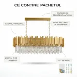 Candelabru Modern Prism Gold – Grand Edition, 81 cm – Cristal K9 Premium Transparent și Metal Auriu, 8 Becuri E14, Design Liniar Exclusiv pentru Dining și Insulă Bucătărie - imagine 8