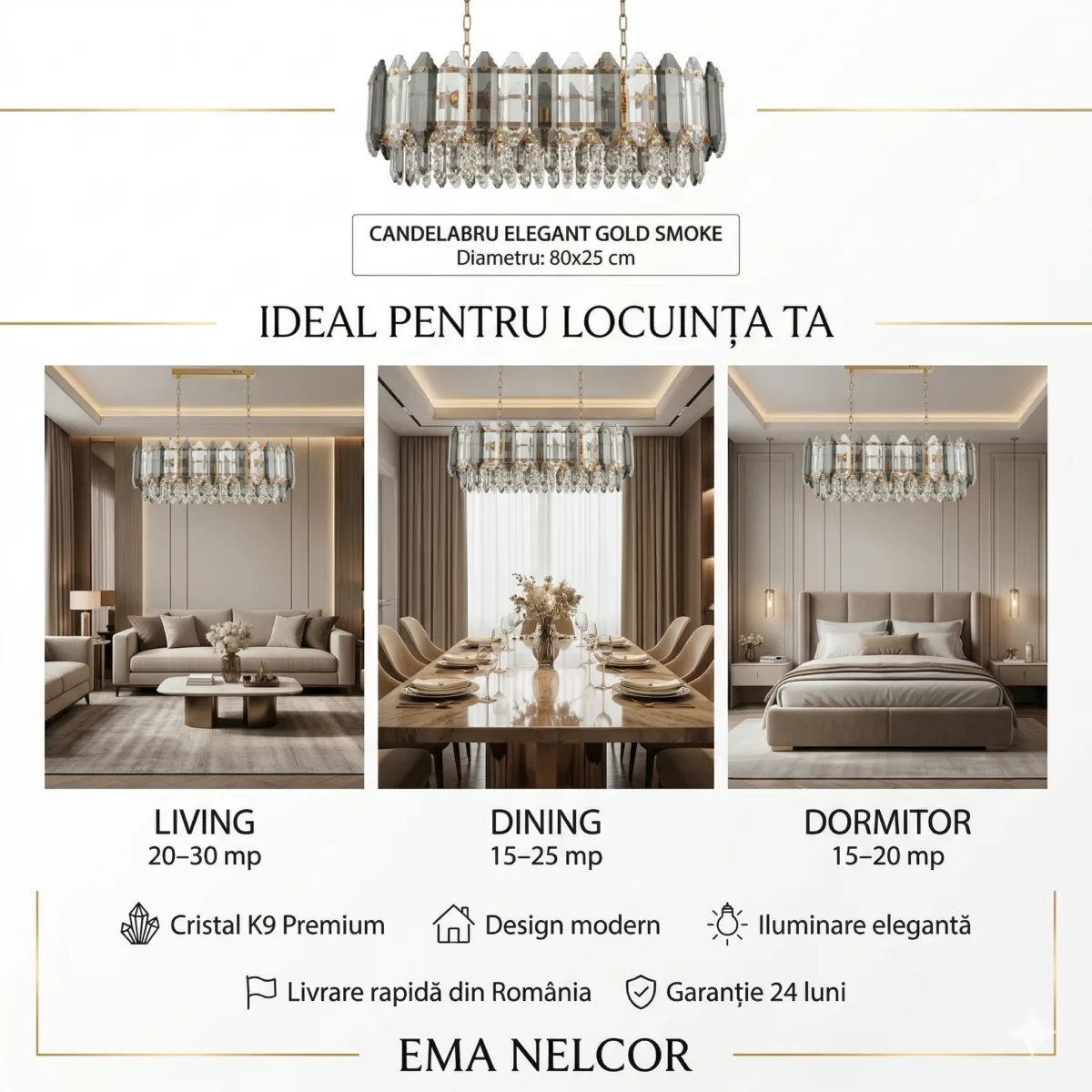 Candelabru Elegant Gold Smoke – Grand Edition, 80 cm Lungime, Cristal K9 Premium Fumuriu și Transparent, 12 Surse E14, Design Liniar de Lux pentru Dining și Living-uri Grandioase - imagine 6