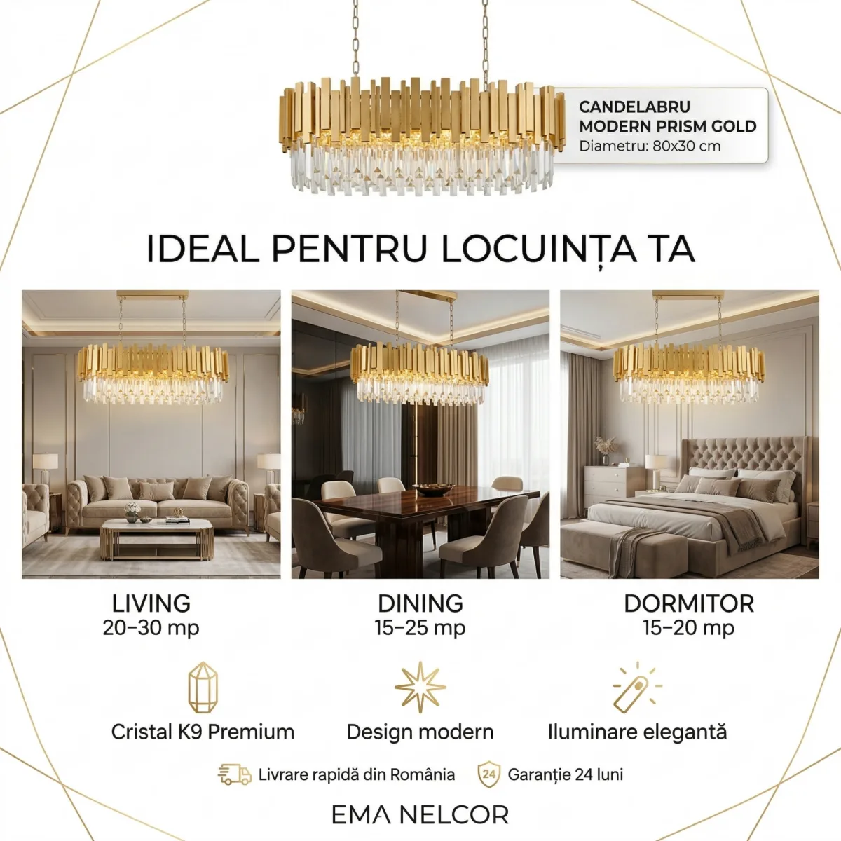 Candelabru Modern Prism Gold – Grand Edition, 81 cm – Cristal K9 Premium Transparent și Metal Auriu, 8 Becuri E14, Design Liniar Exclusiv pentru Dining și Insulă Bucătărie - imagine 6