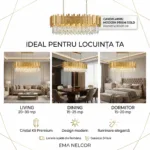 Candelabru Modern Prism Gold – Grand Edition, 81 cm – Cristal K9 Premium Transparent și Metal Auriu, 8 Becuri E14, Design Liniar Exclusiv pentru Dining și Insulă Bucătărie - imagine 6
