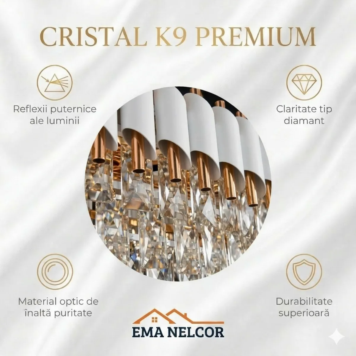 Candelabru Luxury Cristal White - Grand Edition 80 cm – Cristal K9 Premium și Metal Alb, 8 Surse E14, Design Modern pentru Dining și Living Luminos - imagine 7