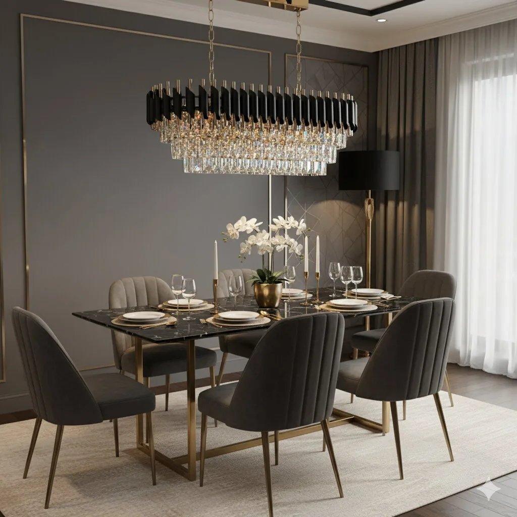 Candelabru modern într-o zonă de dining elegantă