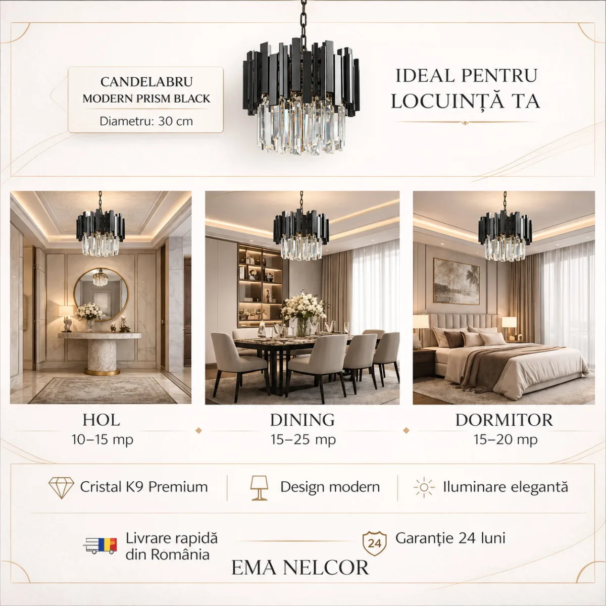 Candelabru Modern Prism Black 30 cm – Cristal K9 Premium Transparent și Metal Negru, 3 Becuri E27, Design Exclusiv pentru Holuri, Dormitoare și Zone de Accent - imagine 4