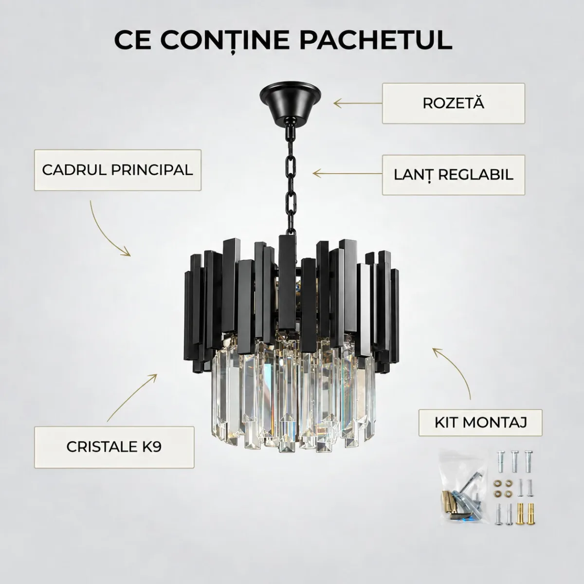 Candelabru Modern Prism Black 30 cm – Cristal K9 Premium Transparent și Metal Negru, 3 Becuri E27, Design Exclusiv pentru Holuri, Dormitoare și Zone de Accent - imagine 7