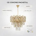 Candelabru Cristal Ice Cascade Golden 30 cm – Cristal K9 Premium și Metal Auriu, 4 Surse E14, Design Geometric de Lux pentru Hol, Dormitor și Living - imagine 8