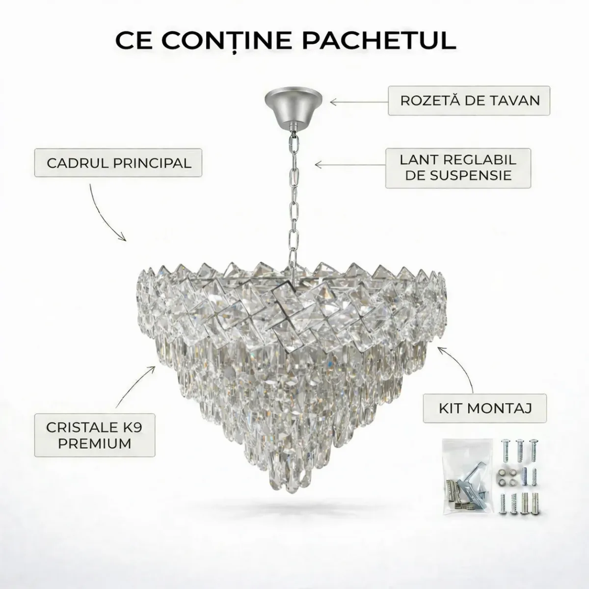 Candelabru Cristal Ice Cascade Chrome 60 cm – Cristal K9 Premium și Metal Argintiu, 8 Surse E14, Design Modern de Lux pentru Living-uri Grandioase și Lobby-uri - imagine 8