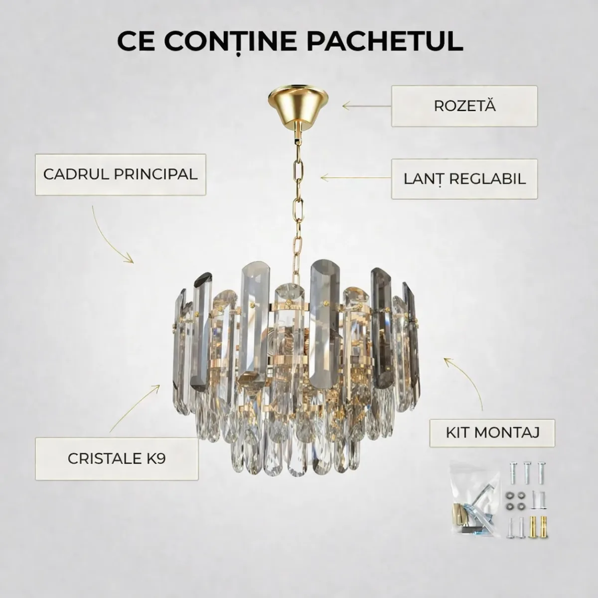 Candelabru Golden Bloom 40 cm – Cristal K9 Premium Transparent și Fumuriu, 5 Becuri E14, Design Modern de Lux pentru Living, Dormitor și Dining - imagine 8