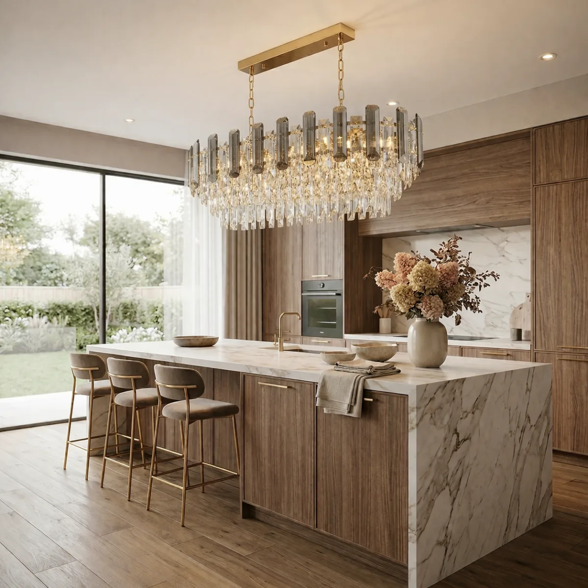 Candelabru Cristal Linear Cascade – Cristal K9 Premium, 8 Surse E14, Design Oval Modern pentru Living, Dining și Insulă Bucătărie, 77 cm Lungime - imagine 3