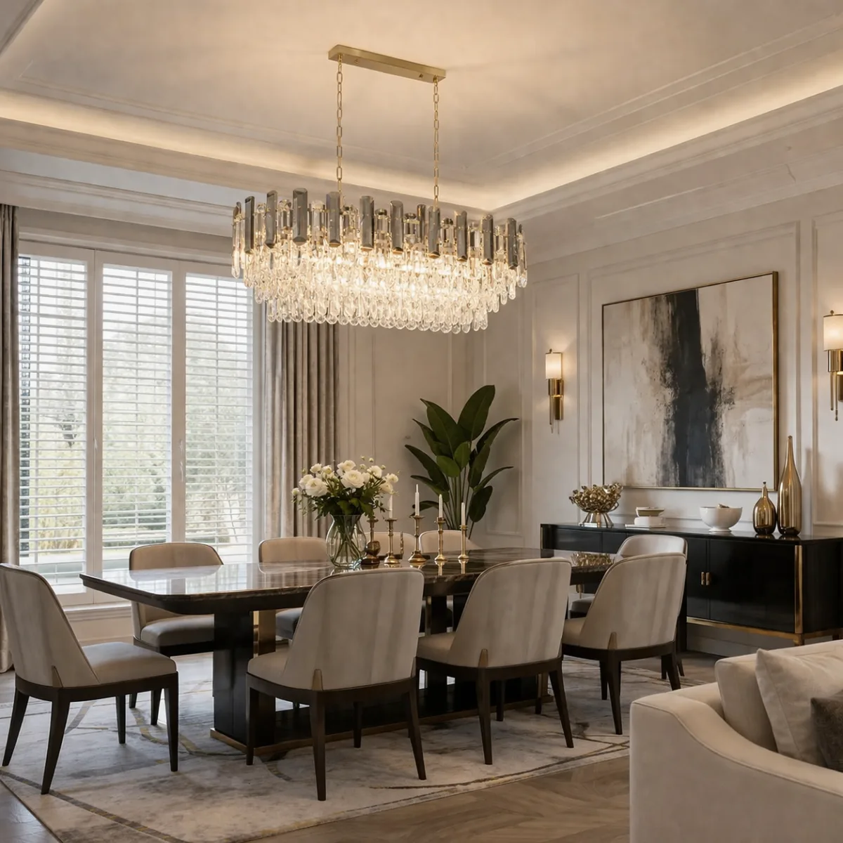 Candelabru Cristal Linear Cascade – Cristal K9 Premium, 8 Surse E14, Design Oval Modern pentru Living, Dining și Insulă Bucătărie, 77 cm Lungime - imagine 4