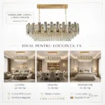Candelabru Cristal Linear Cascade – Cristal K9 Premium, 8 Surse E14, Design Oval Modern pentru Living, Dining și Insulă Bucătărie, 77 cm Lungime - imagine 6