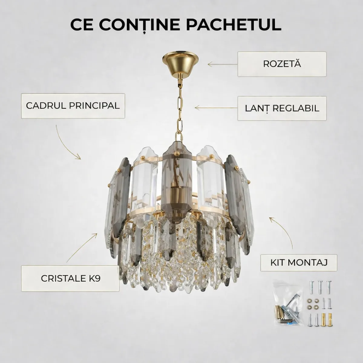 Candelabru Elegant Gold Smoke 30 cm – Cristal K9 Premium Fumuriu și Transparent, 3 Becuri E14, Design Modern de Lux pentru Holuri, Dormitoare și Zone de Accent - imagine 8