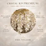 Candelabru Cristal Velvet Gold 59 cm – Cristal K9 Premium și Metal Auriu Gravat, 6 Surse E14, Design Luxos pentru Living, Dining sau Dormitor Master - imagine 6