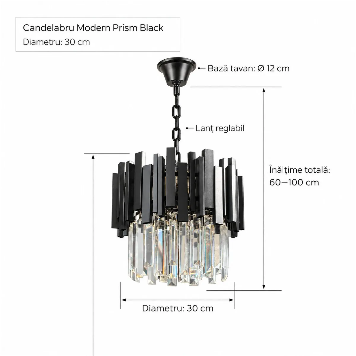 Candelabru Modern Prism Black 30 cm – Cristal K9 Premium Transparent și Metal Negru, 3 Becuri E27, Design Exclusiv pentru Holuri, Dormitoare și Zone de Accent - imagine 6