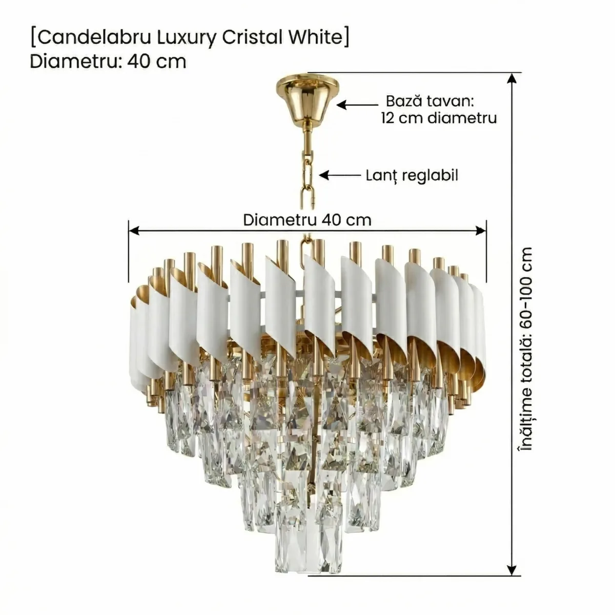 Candelabru Luxury Cristal White 40 cm – Cristal K9 Premium și Metal Alb, 4 Surse E14, Design Modern pentru Living, Dormitor și Birou - imagine 9