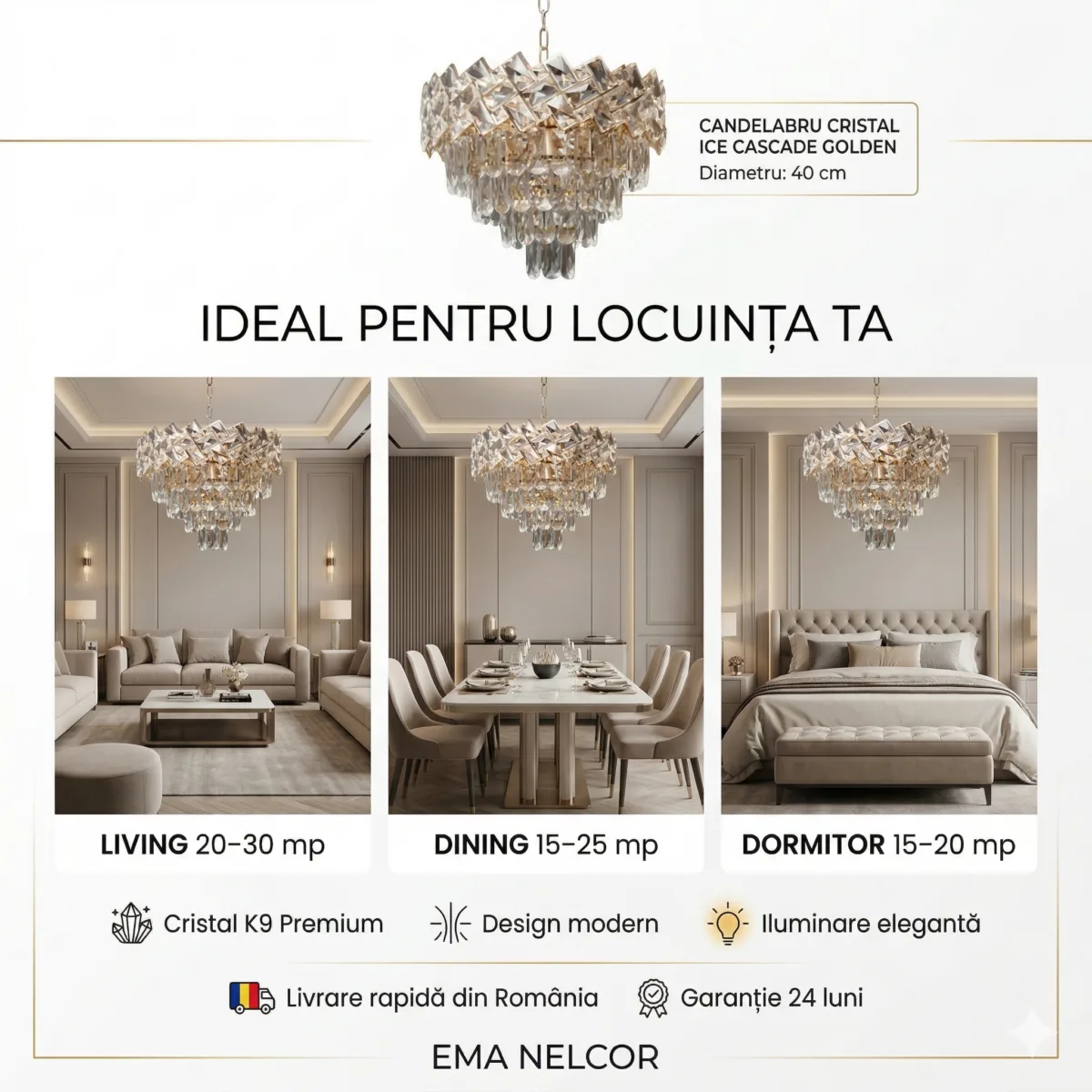 Candelabru Cristal Ice Cascade Golden 40 cm – Cristal K9 Premium și Metal Auriu, 5 Surse E14, Design Modern de Lux pentru Living, Dining și Dormitor Matrimonial - imagine 6