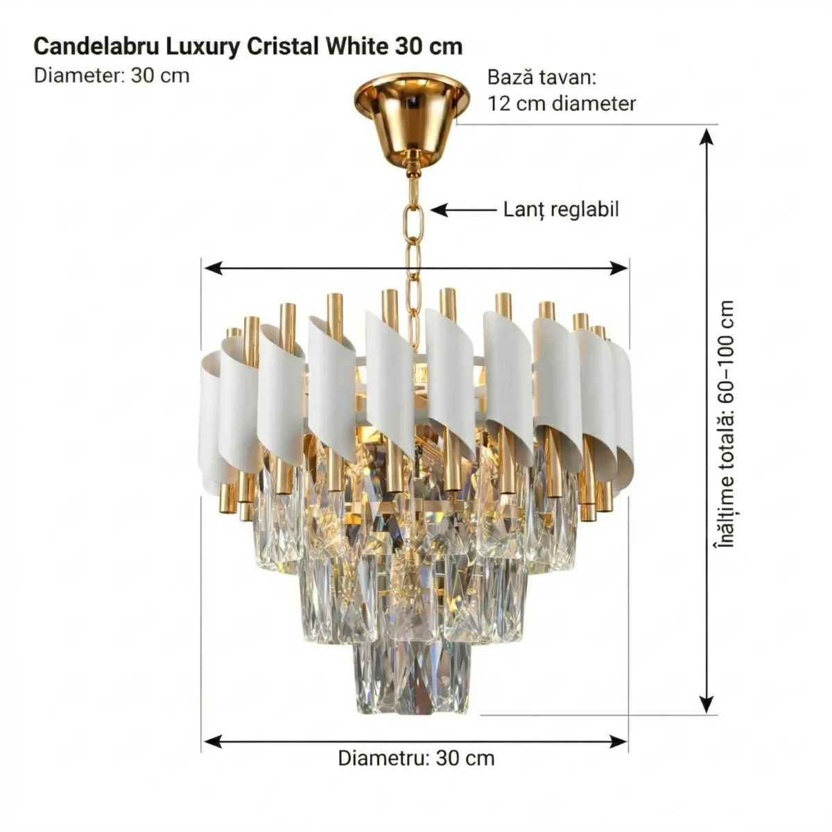 Candelabru Luxury Cristal White 30 cm – Cristal K9 Premium și Metal Alb, 3 Surse E14, Design Modern pentru Hol, Dressing și Dormitor Mic - imagine 9
