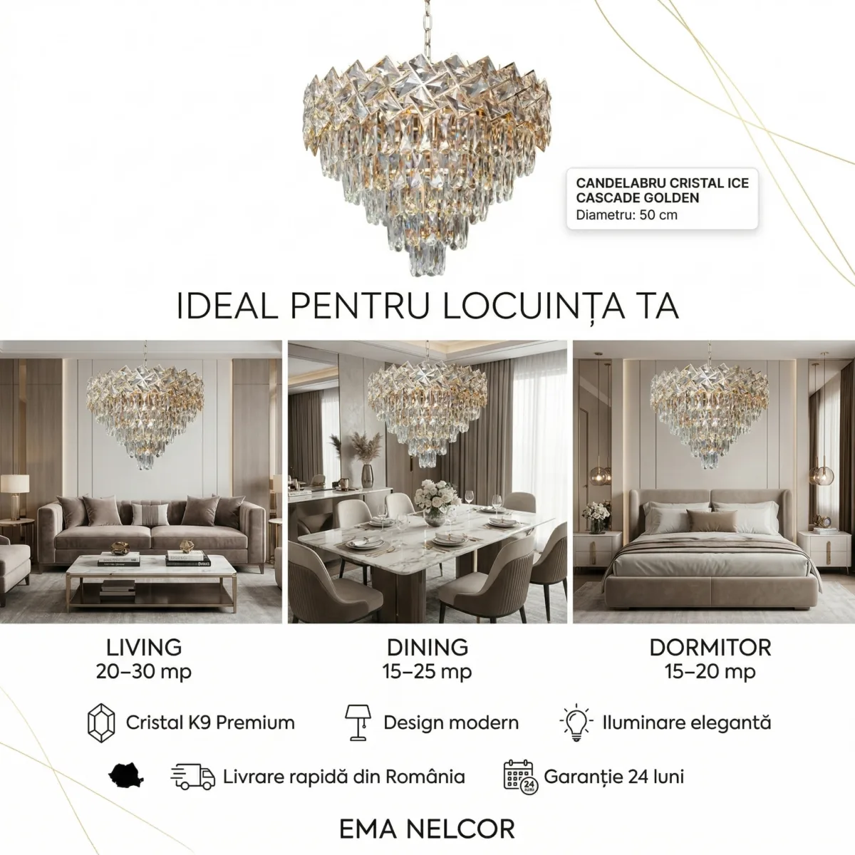 Candelabru Cristal Ice Cascade Golden 50 cm – Cristal K9 Premium și Metal Auriu, 7 Surse E14, Design Modern de Lux pentru Living-uri și Zone de Dining Generoase - imagine 6