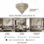 Candelabru Cristal Ice Cascade Golden 50 cm – Cristal K9 Premium și Metal Auriu, 7 Surse E14, Design Modern de Lux pentru Living-uri și Zone de Dining Generoase - imagine 6