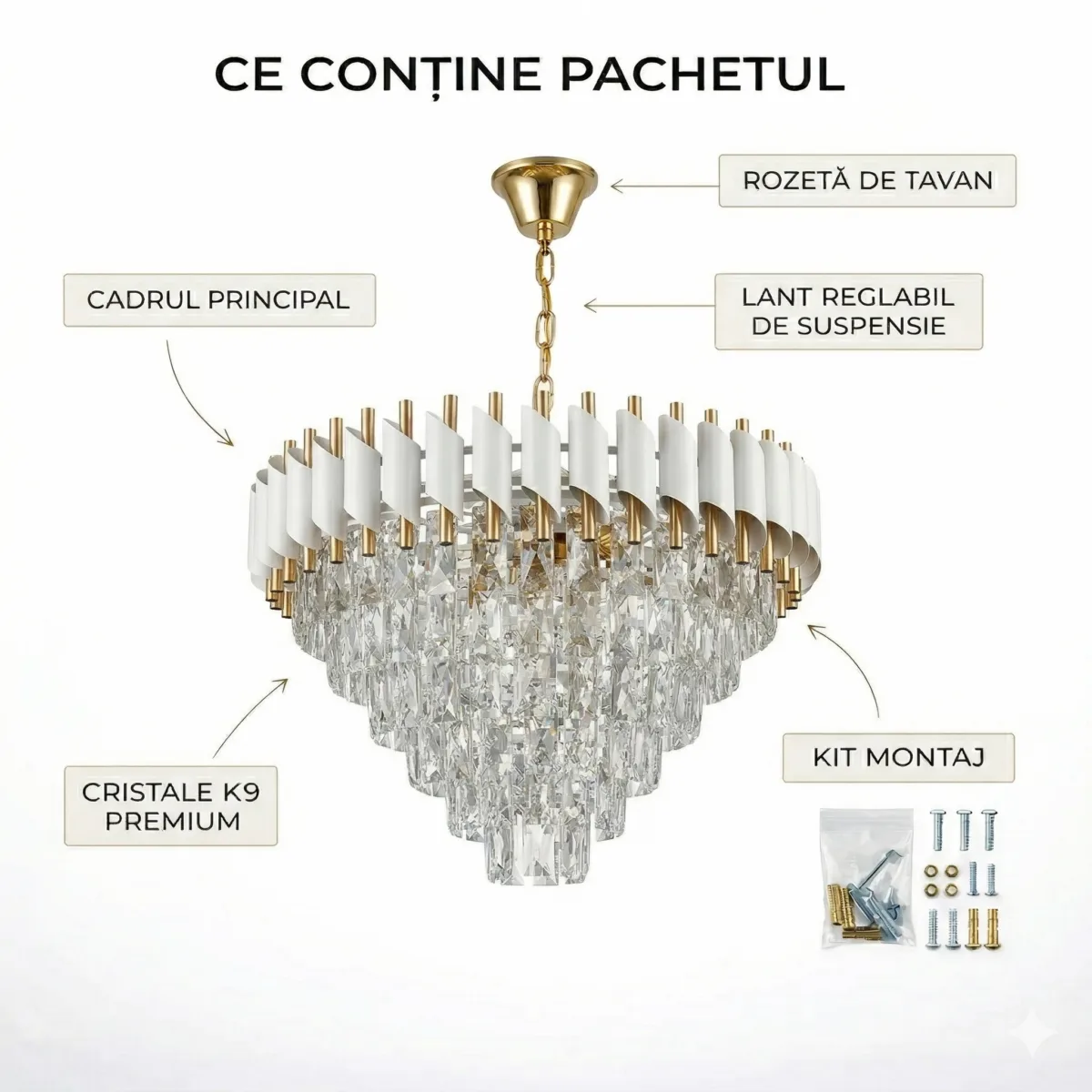 Candelabru Luxury Cristal White 60 cm – Cristal K9 Premium și Metal Alb, 8 Surse E14, Design Modern pentru Living-uri Spațioase, Lobby și Hotel - imagine 8