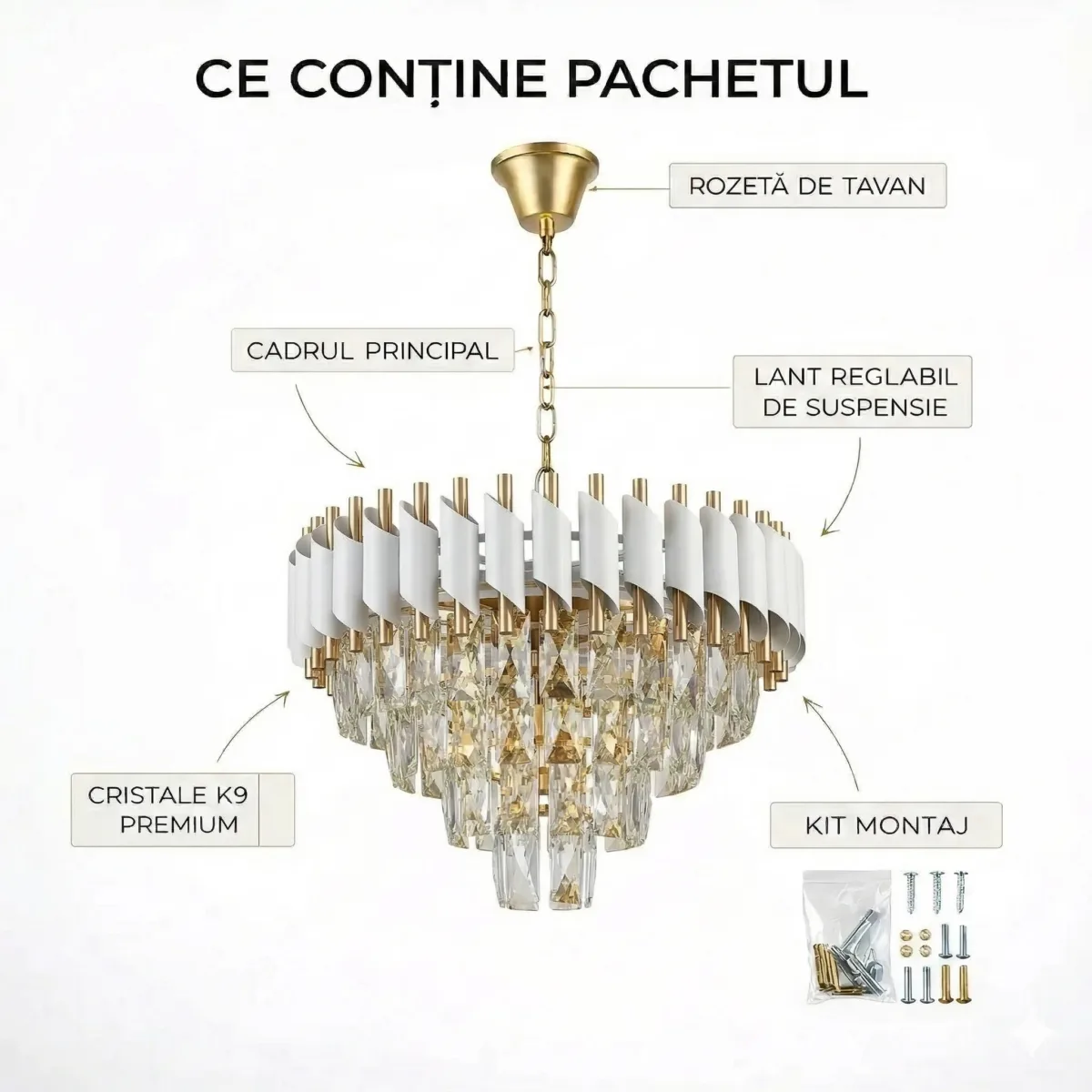 Candelabru Luxury Cristal White 40 cm – Cristal K9 Premium și Metal Alb, 4 Surse E14, Design Modern pentru Living, Dormitor și Birou - imagine 8